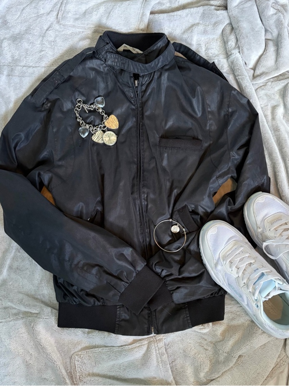 Womens Black Puffer Jacket - Lightweight Zip Bomber